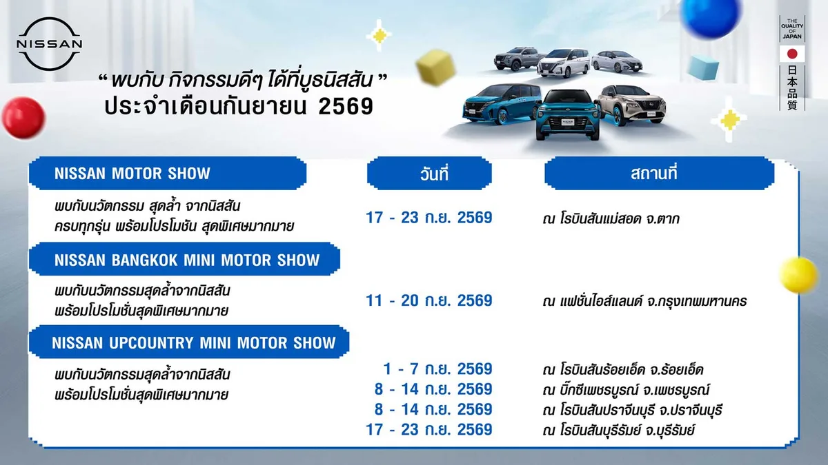 ปฏิทินข่าว : กิจกรรมนิสสันโรดโชว์ทั่วประเทศประจำเดือนกันยายน 2569